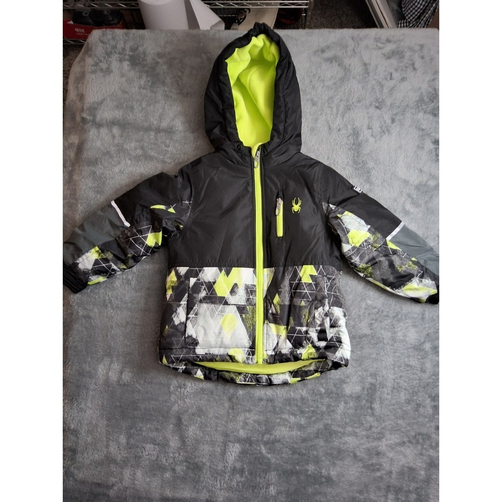 Kids Spyder Snow Jacket Hooded‎ 2T Black Neon Green Zipper Snow.